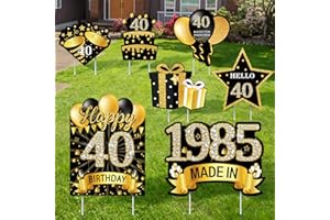 MOORAY 7Pcs Black Gold 40th Birthday Yard Sign Decorations for Men and Women, Happy 40th Birthday Made in 1985 Lawn Sign Party Supplies,Forty Year Old Birthday Yard Decor with Stakes