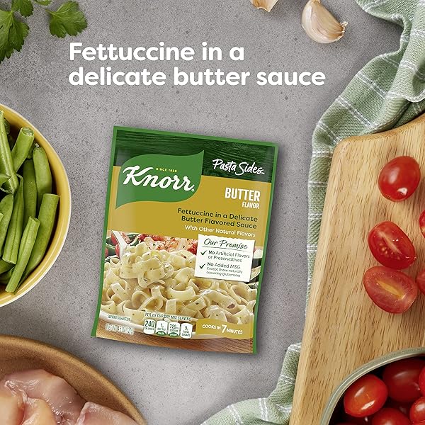 KNORR PASTA SIDES BUTTER FETTUCCINE FOR DELICIOUS QUICK PASTA SIDE DISHES NO ARTIFICIAL FLAVORS, NO PRESERVATIVES, NO ADDED MSG 4.5 OZ