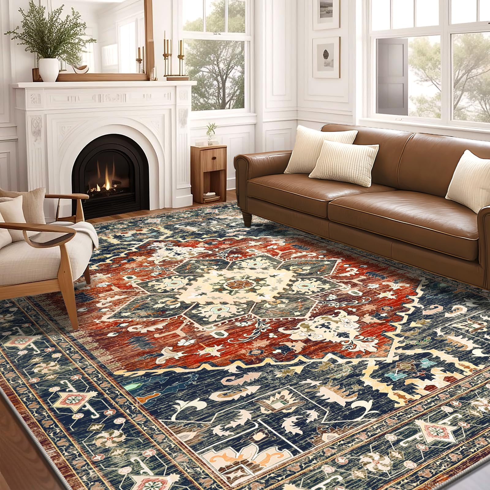 Yamaziot Area Rug 8x10, Non-Slip Washable Boho Vintage Living Room Bedroom Rug with Rubber Backing, Brick Red Image