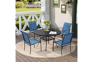 DIFY Outdoor Dining Set for 4, Patio Dining Furniture Set Includes 42" Black Round Table with Adjustable Umbrella Hole and 4 Blue Stackable Metal Chairs for Poolside, Garden, Backyard