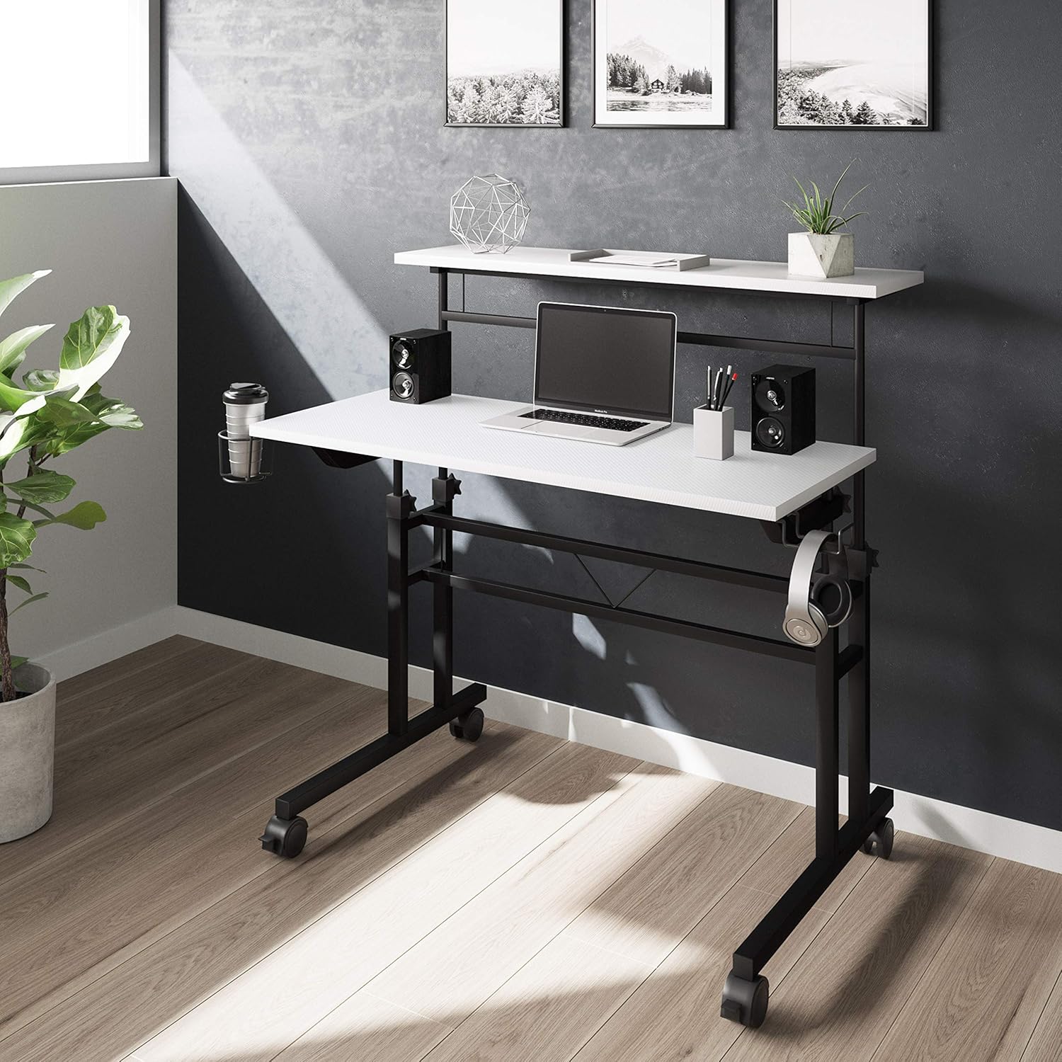 Techni Mobili Rolling Writing Height Adjustable Desktop and Moveable Shelf,White Desk: Furniture & Decor