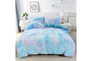 RYNGHIPY Super Soft Fuzzy Faux Fur Duvet Cover Set, Blue Tie Dye Plush & Velvet Flannel Comforter Cover with 2 Pillowcases (Colorful Blue,Full)