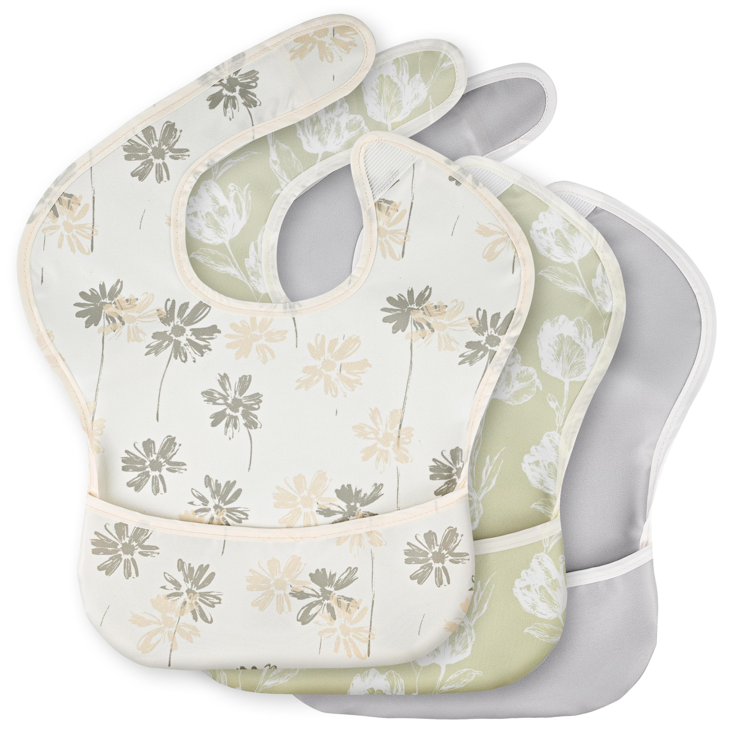 Photo 1 of Civarua Kids 3-Pack Waterproof Baby Bibs for Eating - Mess Proof Lightweight Toddler Feeding Bibs with Large Food Catcher, Food-Grade Baby Eating Essentials, Easy to Put On & Clean(Olive Green Floral)