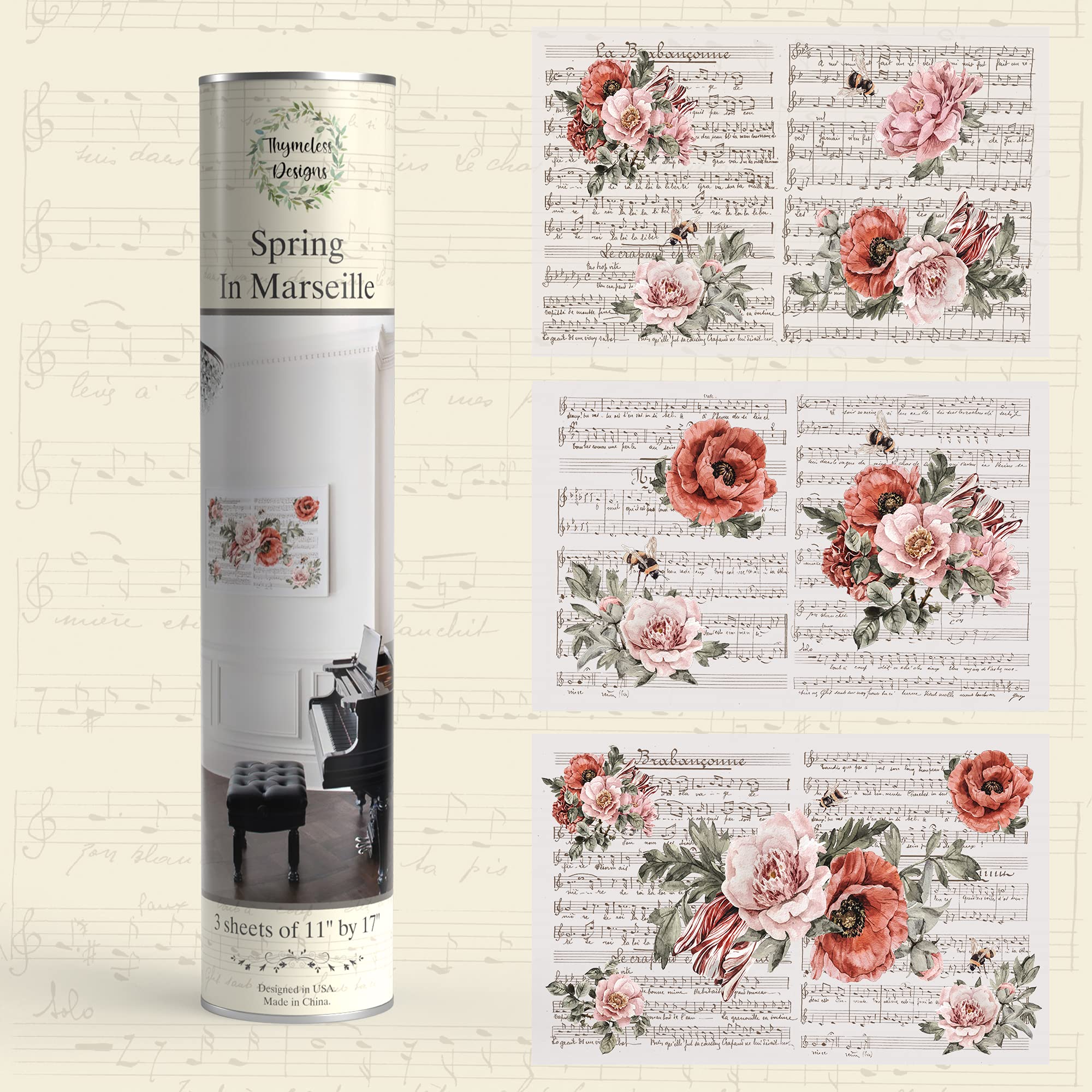 Rub on Transfers for Furniture and Crafts | 3 Design Sheets 11” x 17” Each | Home Décor Transfers | Furniture and Craft Decals | by Thymeless Designs (Spring in Marseille)