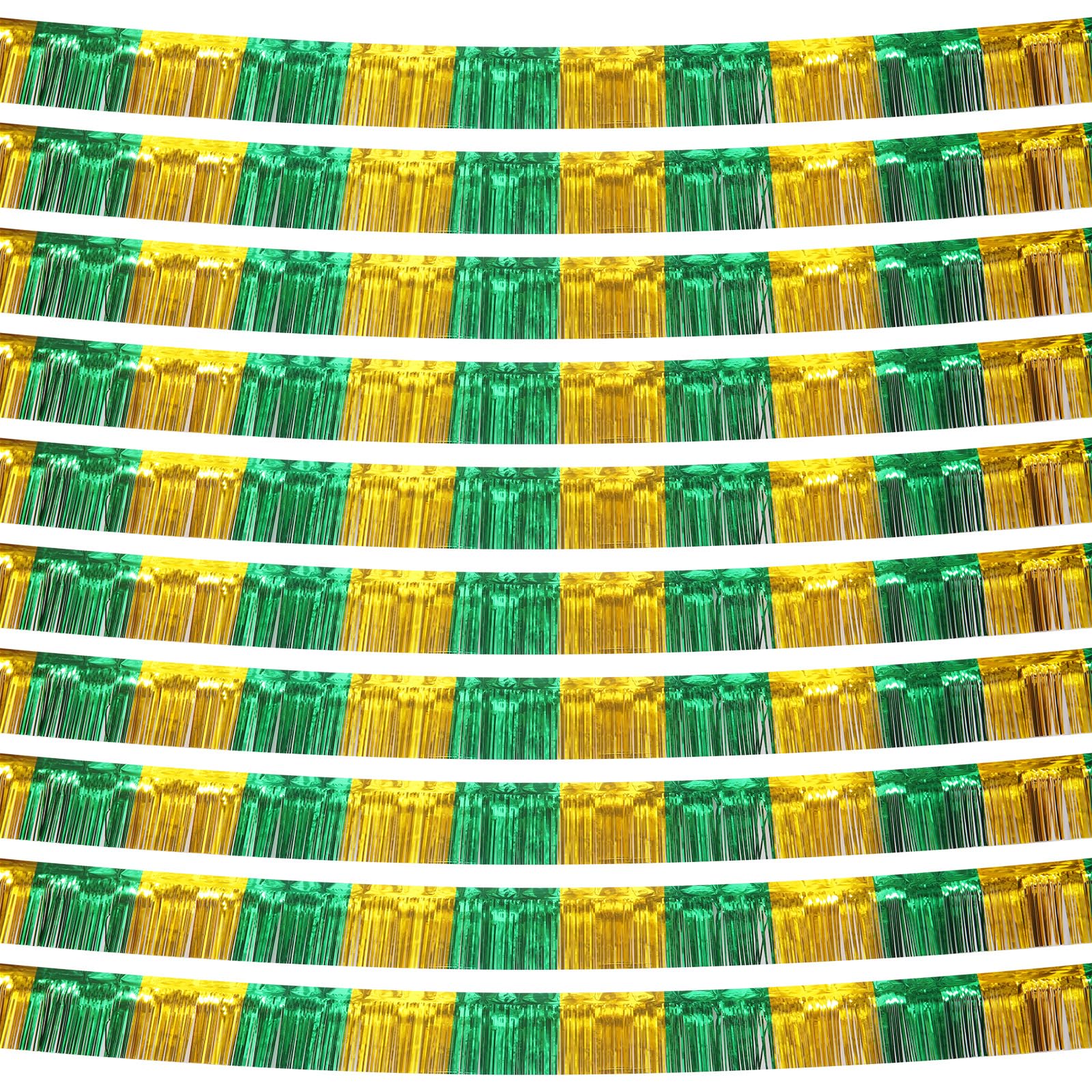 View 1 of 10 Pack 10 Feet Green Gold Foil Fringe Garland Tinsel Parade Float Fringe for Trailer Car Birthday Party Decoration Hanging Backdrop Banner Table Skirts