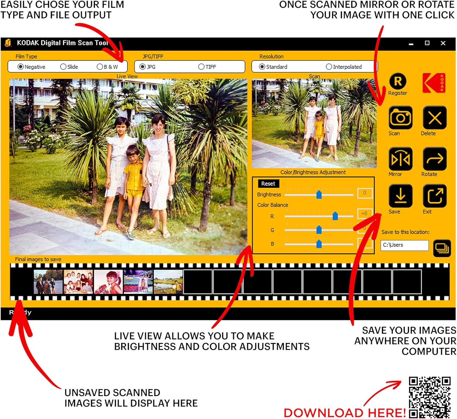 KODAK Film Scan Tool for PC and MAC – 5MP Digital Film Scanner Converts & Saves 35mm Film Negatives & Slides Directly on Your Computer with Capture and Edit Software, Easy-Load Film Inserts & More: Electronics