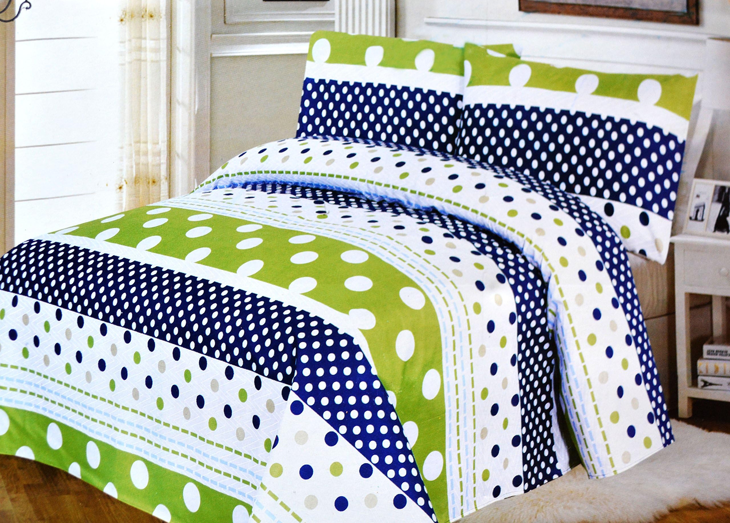 Bed Sheets Bedding Sheet Set Queen Size Set of 4 Patterned 1 Bed Flat Sheet &1 Fitted Sheet 2 Pcs Pillow Cases (Green Dot)