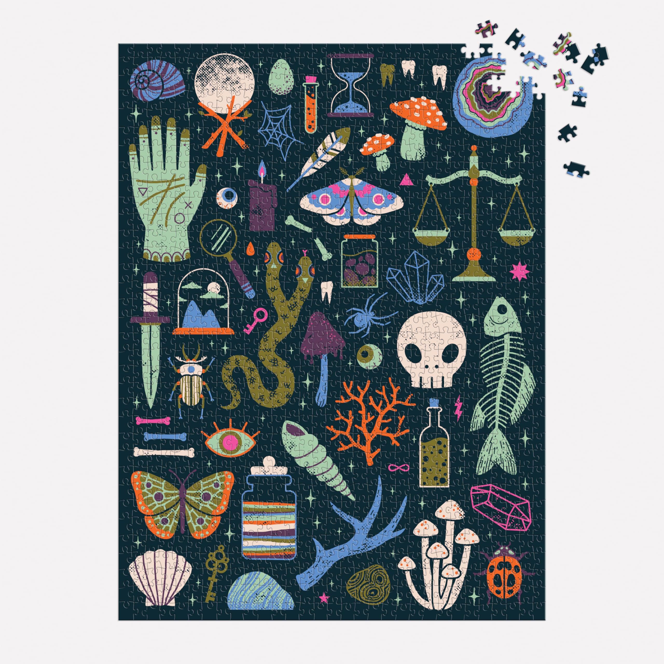 Galison Occult and Curious – 1000 Piece Glow in The Dark Jigsaw Puzzle Featuring an Eerie Collection of Creepy and Spooky Objects