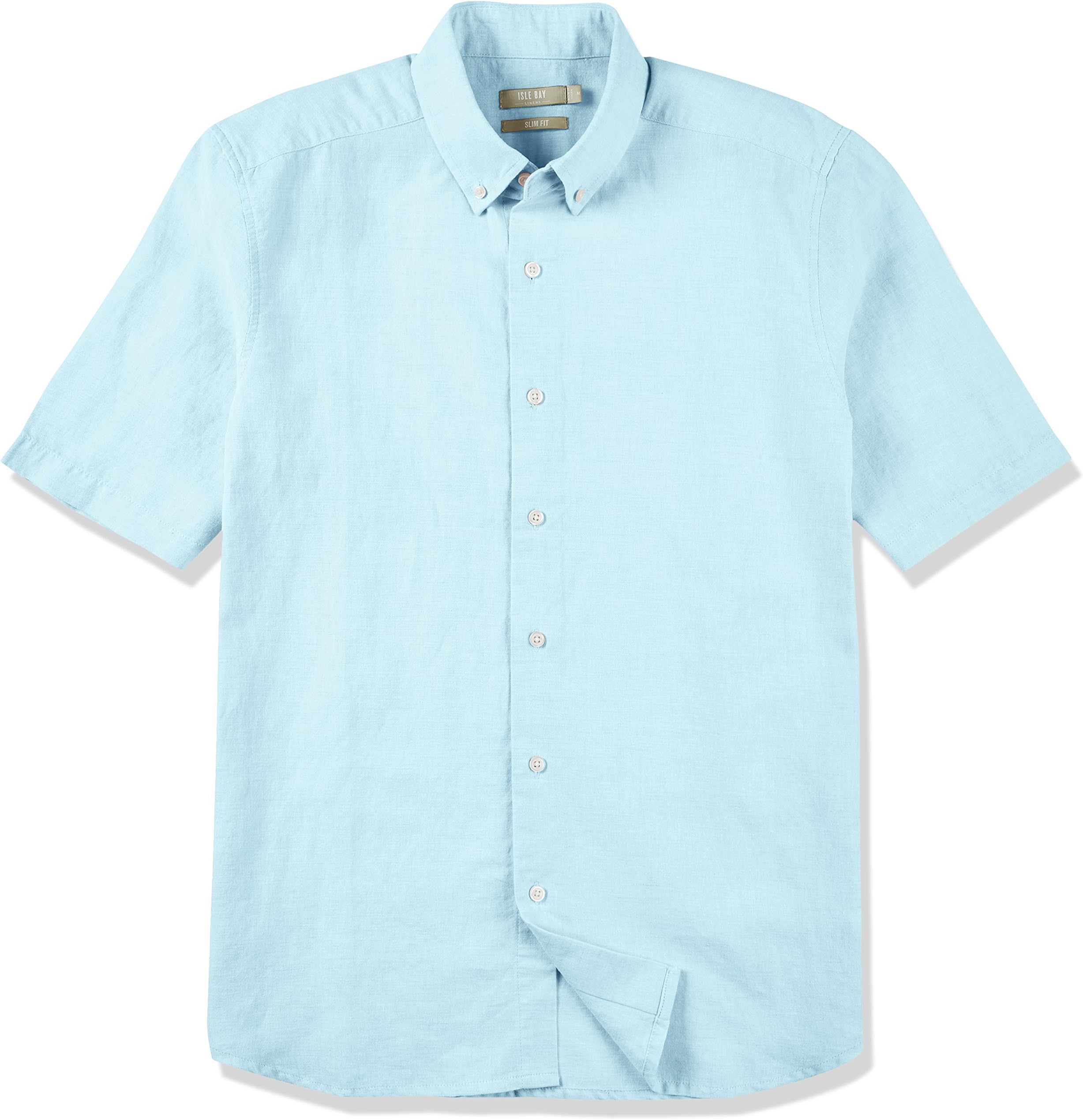 Isle Bay Linens Men's Slim Fit Short Sleeve Button-Down Collar Casual Woven Linen Cotton Tropical Hawaiian Shirt