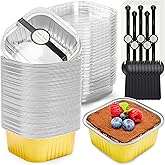NPLUX 60 Pack Mini Cake Pans with Lids Square Mini Aluminum Pans Pie Tins Flan Containers for Wedding Birthday Party Gift (5OZ, Gold)
