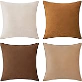 MONDAY MOOSE Decorative Throw Pillow Covers Cushion Cases, Set of 4 Soft Velvet Modern Designs, Mix and Match for Home Decor, Pillow Inserts Not Included (18x18 inch, Brown/Beige)