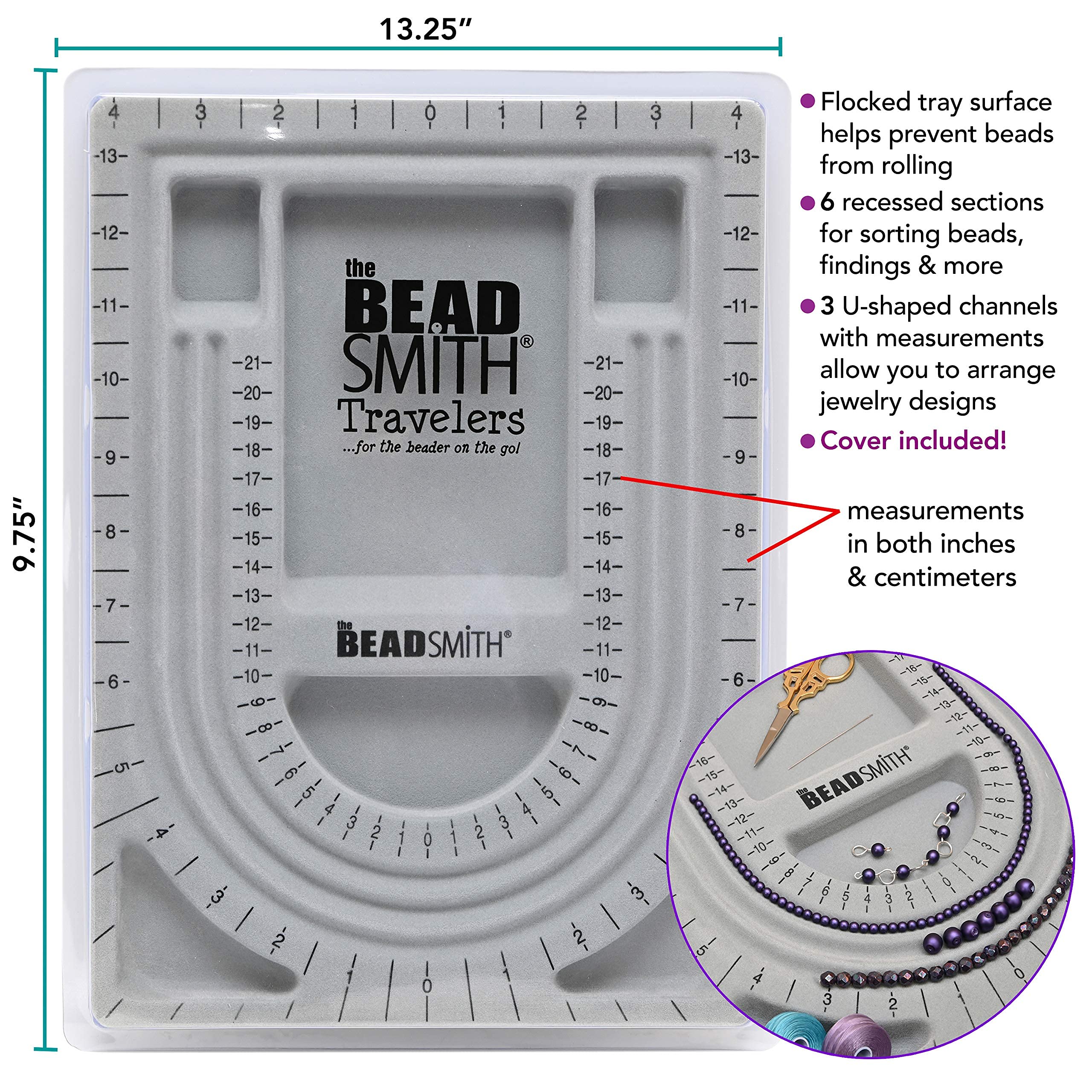 The Beadsmith Bead Board with Cover, Grey Flocked, 3 U-Shaped Channels, 6 Recessed Compartments,13.25H x 9.75L inches, Design Boards for Creating Bracelets, Necklaces and Other Jewelry