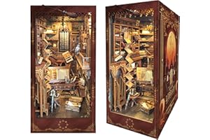 BOOKIE NOOKIE Book Nook Kit, DIY 3D Bookshelf Insert Decor, Wooden Puzzle Dollhouse with Sensor LED Light, Bookend Building Set for Teens Adults - Magic Library