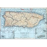 Amazon.com: One Treasure Limited Antique Vintage Old World Caribbean Puerto Rico Island Map ...