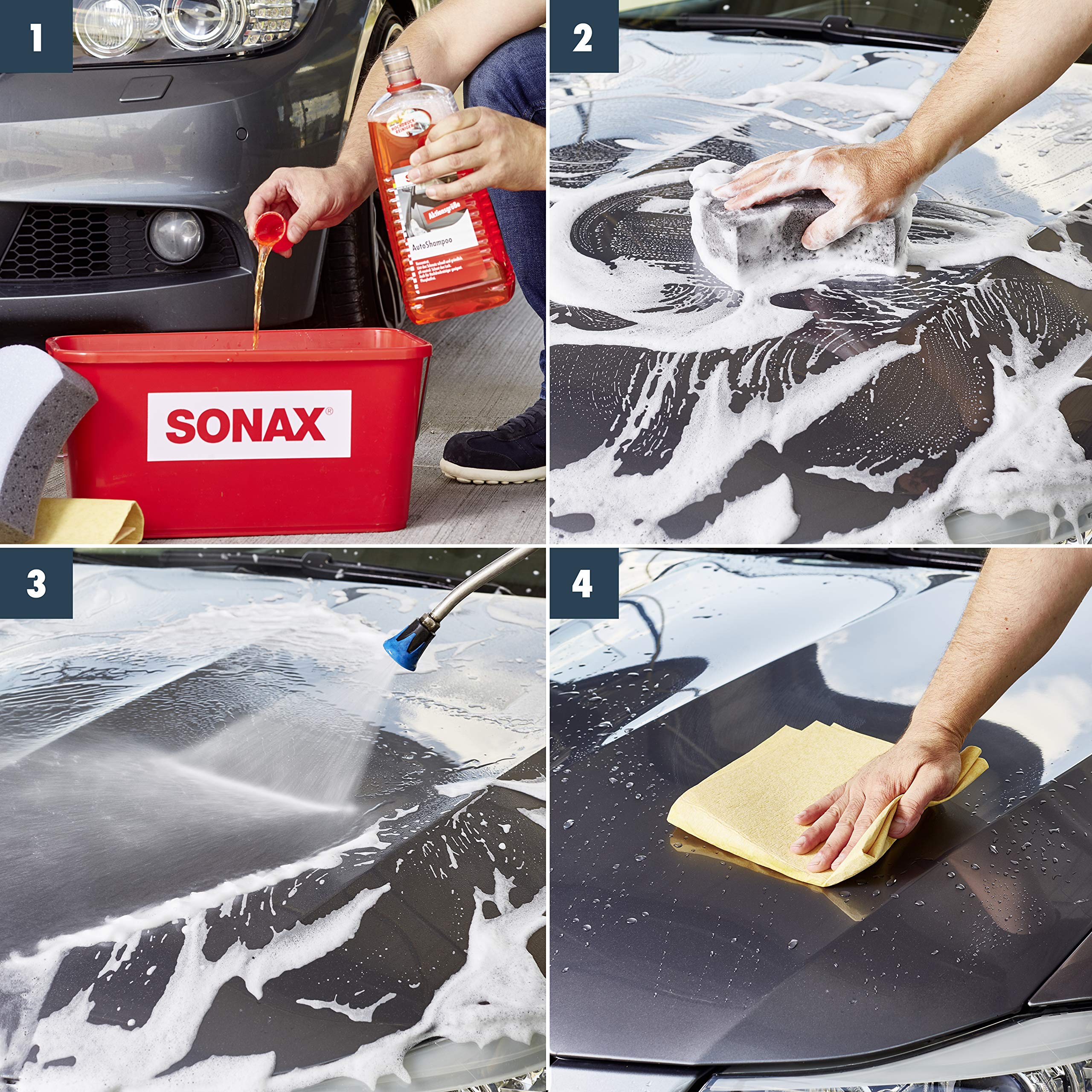 SONAX AutoShampoo Konzentrat (2 Liter) durchdringt und löst Schmutz gründlich, ohne Angreifen der Wachs-Schutzschicht | Art-Nr. 03145410 5