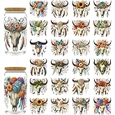 HERRYPENG 12PCS Boho Cow Skulls UV DTF Cup Wrap Stickers | Permanent UV DTF transfers for DIY crafts Easy no-heat on Libbey cans, mugs, candles & pots Vivid & durable