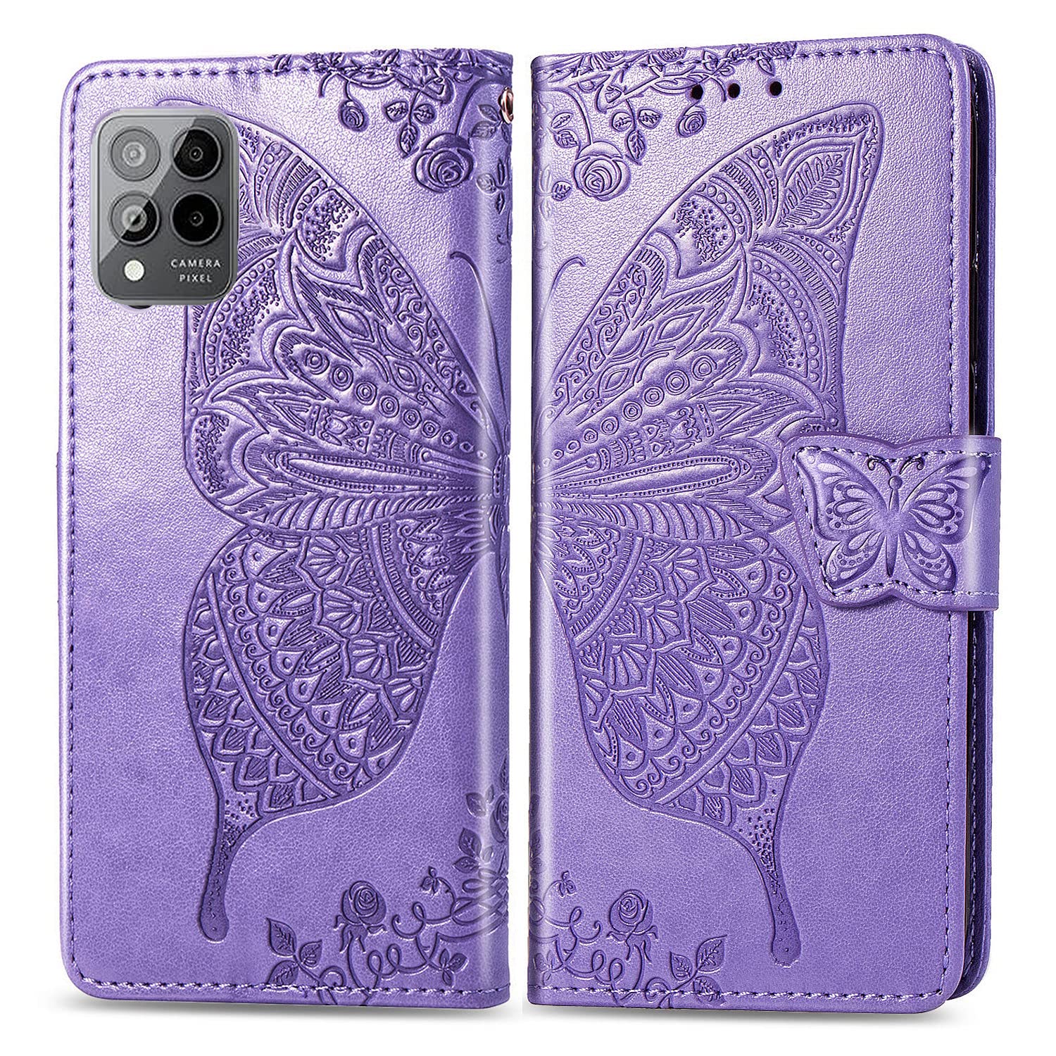 DAMONDY for T-Mobile Revvl V Plus 5G Flip Case,Butterfly Embossed Flowers PU Leather Magnetic Flip Cover Stand Card Holders Hand Strap Wallet Purse Case for T-Mobile Revvl V Plus 5G -Light Purple