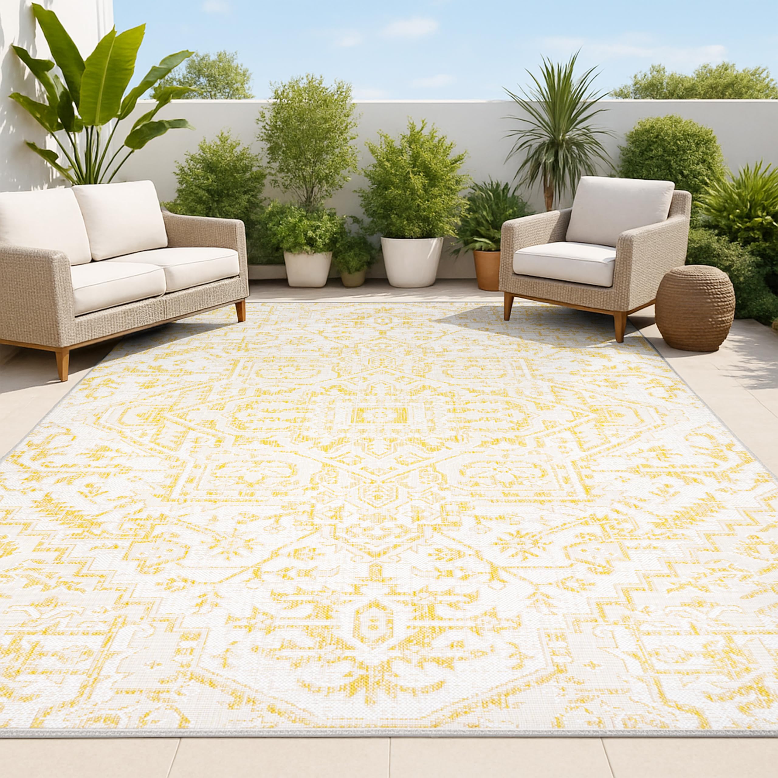 JONATHAN Y Boho Medallion Indoor Outdoor Area Rug 9X12 Cream/Yellow, Estrella Textured Weave for Backyard, Patio, Porch, Easy-Cleaning, High Traffic, Pet-Friendly, Non-Shedding (SMB105H-9) Image