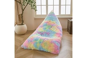 XeGe Fluffy Kids Stuffed Animal Storage Bean Bag Cover (No Filler), Fuzzy Faux Fur Beanbag Organizer with Handle for Teens Girls Adults, Shaggy Furry Plush Toys Holder Floor Lounger Chair, Rainbow