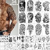 Yazhiji 36 Sheets Temporary Tattoos Stickers, 12 Sheets Fake Body Arm Chest Shoulder Tattoos for Men or Women with 24 Sheets Tiny Black Tattoos