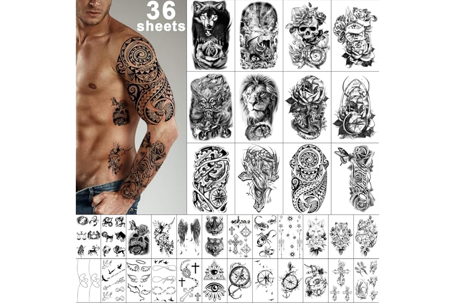 Yazhiji 36 Sheets Temporary Tattoos Stickers, 12 Sheets Fake Body Arm Chest Shoulder Tattoos for Men or Women with 24 Sheets Tiny Black Tattoos