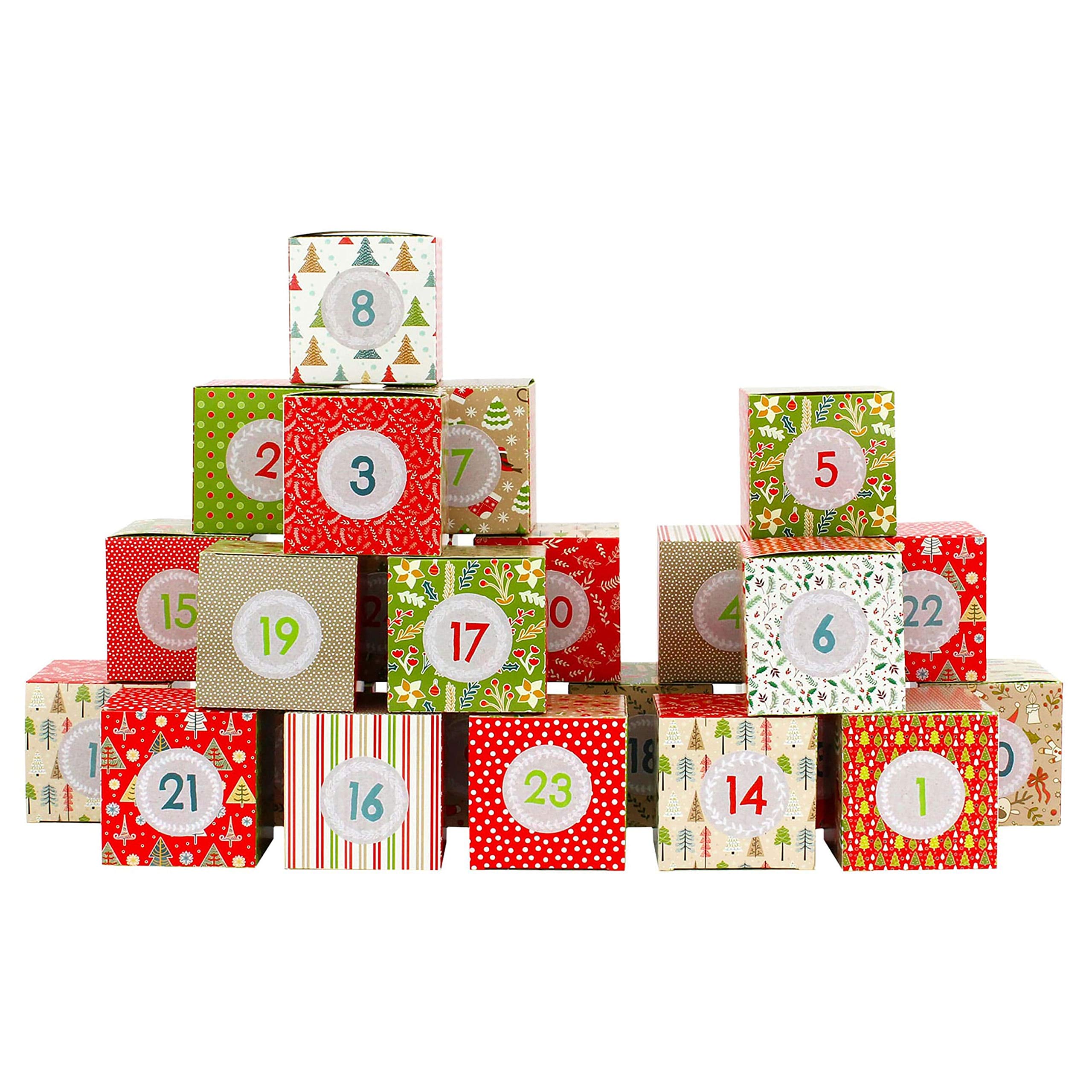 24 Advent calendar boxes - red green beige design - for you to craft for yourself - Christmas 2018