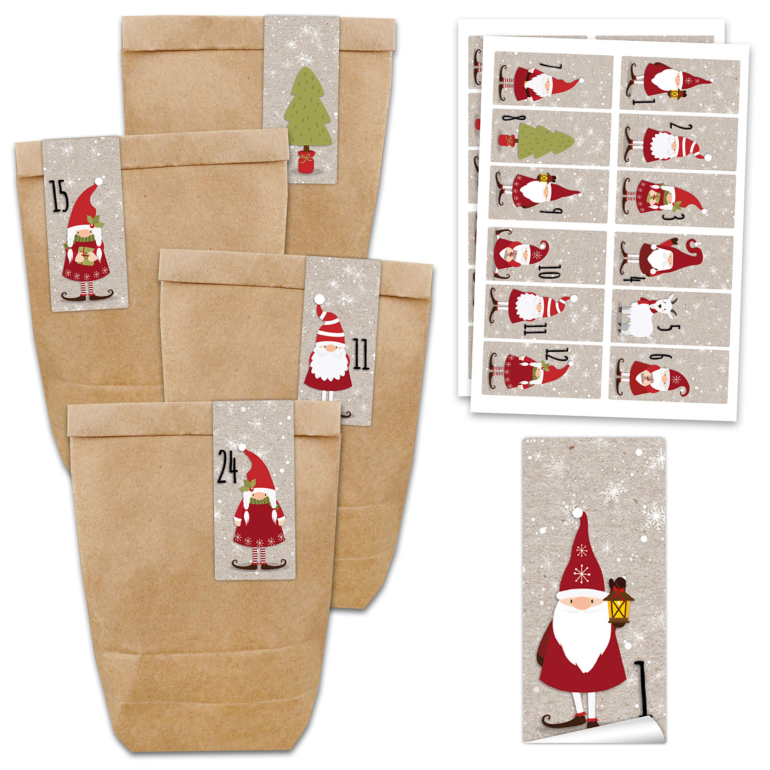 Advent calendar 24 paper bags with stickers - Santa - square design - 62