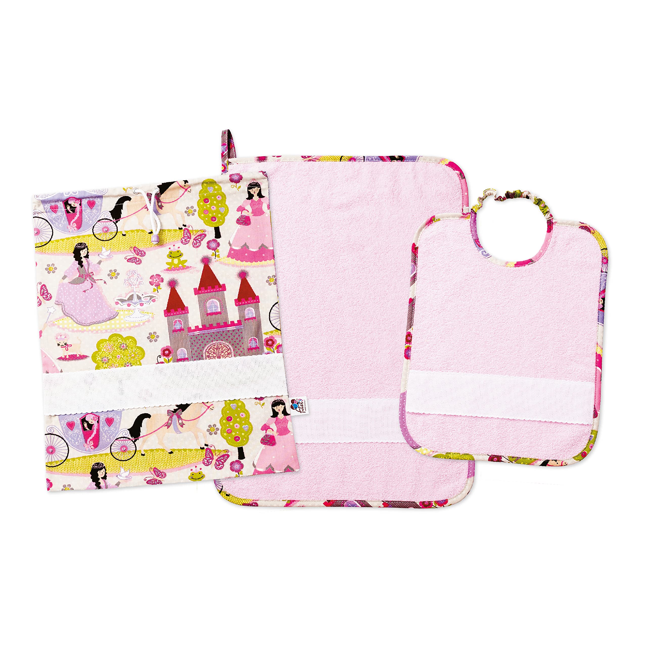 FILET - Three-Piece Nursery Set with Aida Needlework, consisting of a Bag, Towel and Bib in Coloured Terry Cloth, 100% Cotton, Made in Italy, Princesses Pattern, Pink Patten