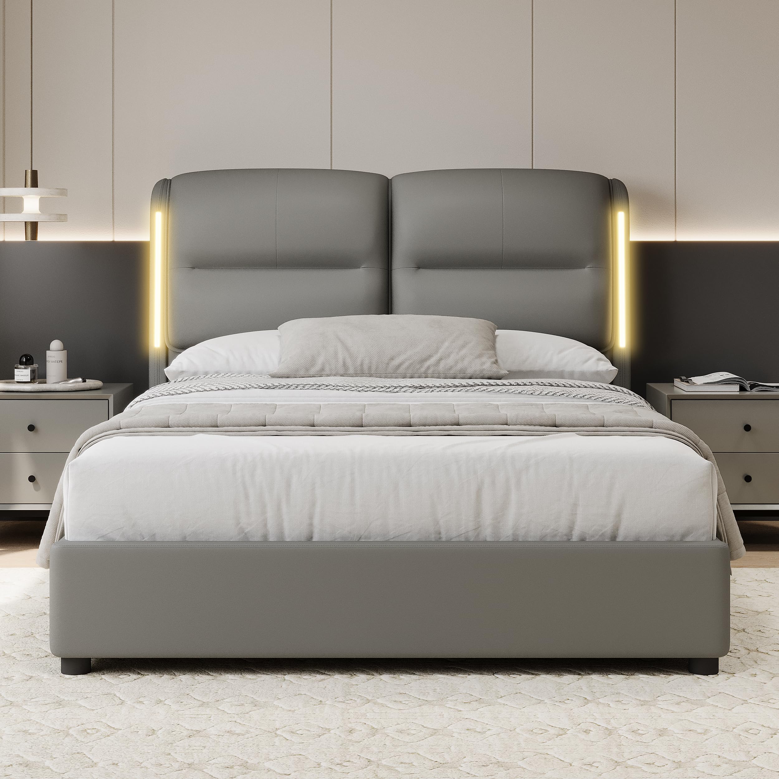 Photo 1 of *CUT* Lift-up Upholstered Platform Bed with Storage Underneath, Queen Size PU Leather Bed Frame with Hydraulic System and Padded Headboard for Home Apartment Hotel, No Box Spring Needed & Noise-Free