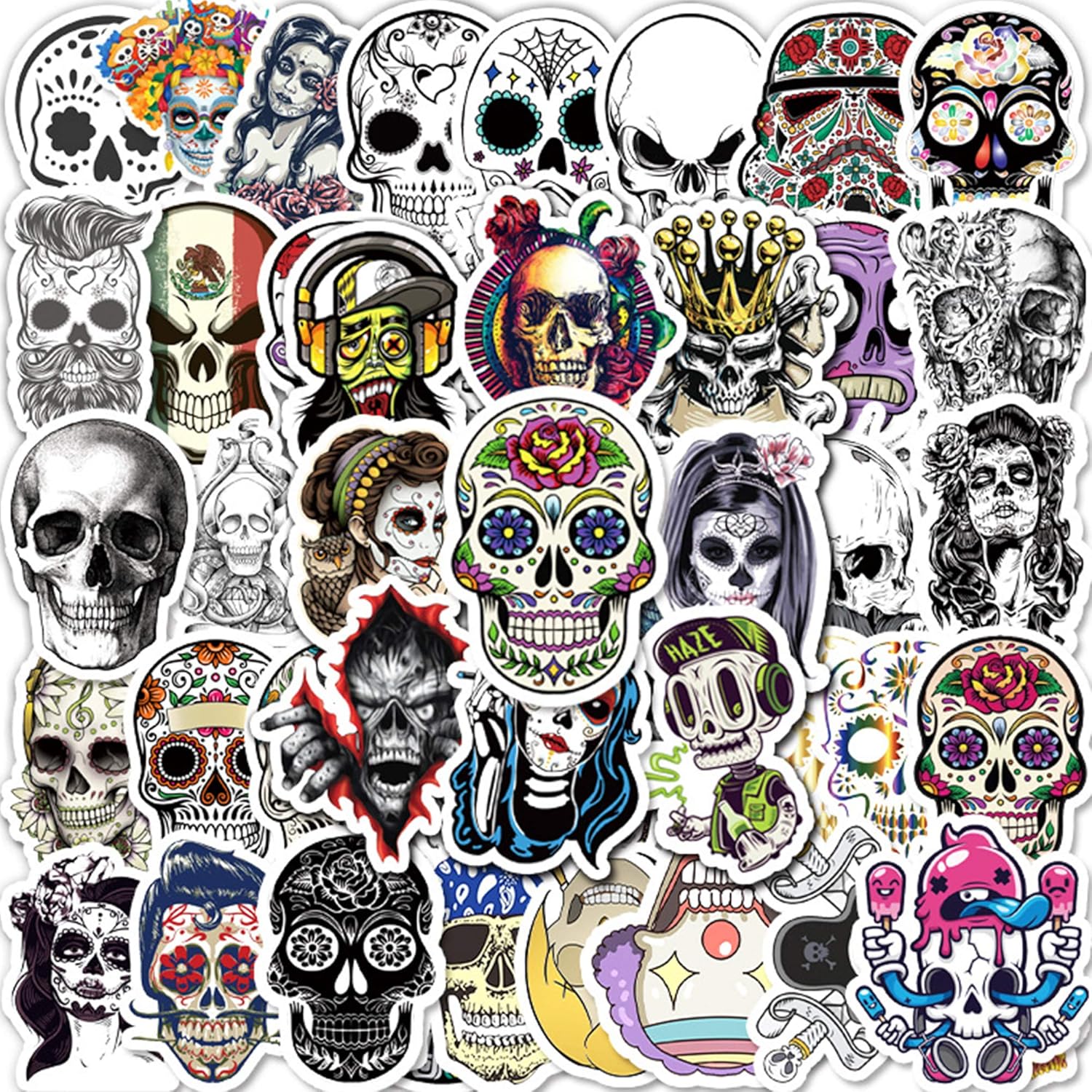 Veiai Sticker Pack for Halloween Sugar Skull Sticker, Random Cool Sticker Decoration Skull Decals for Door Laptop Luggage Car Bike Guitar Waterbottle and Party Favors (Sticker-A)