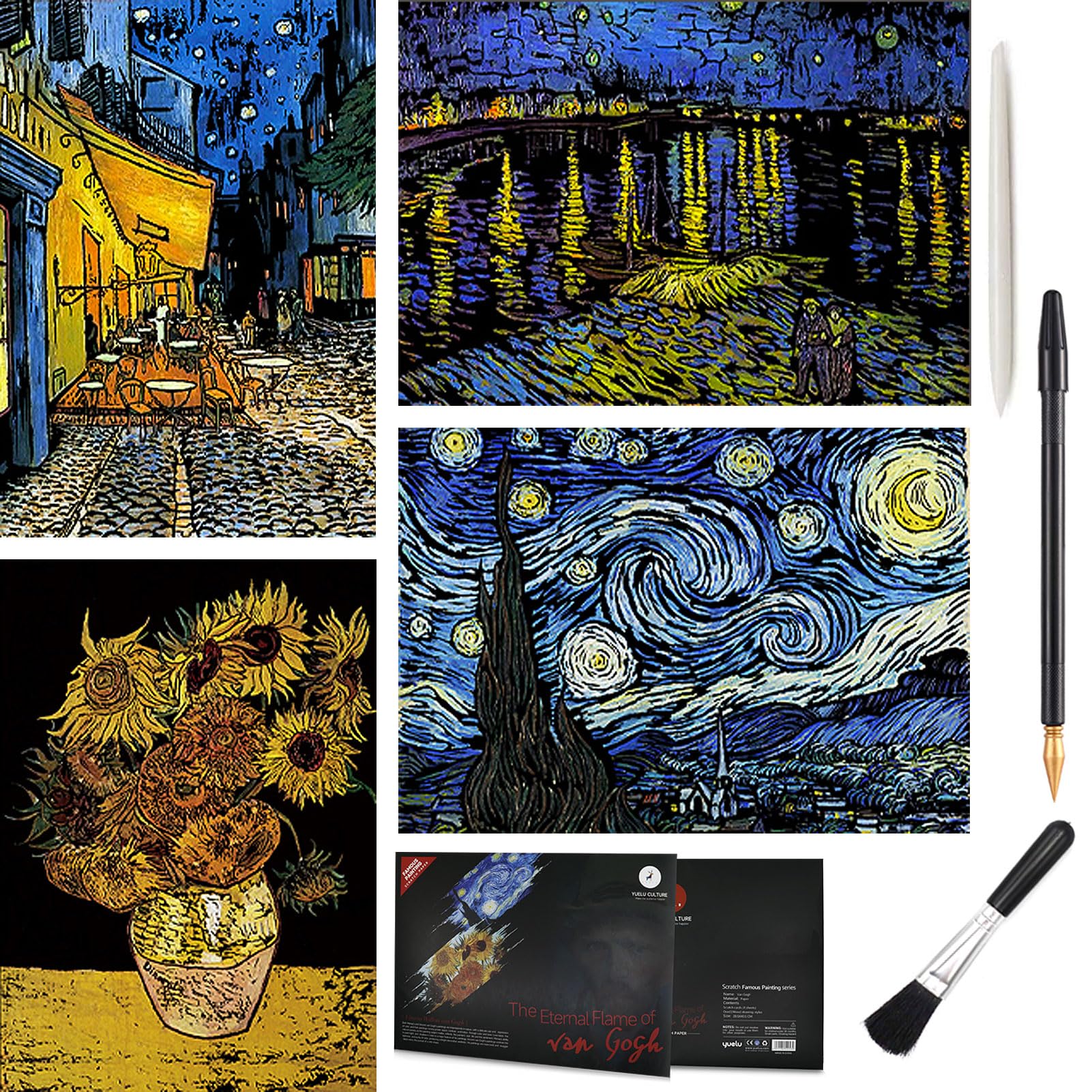 Scratch Art Rainbow Painting Paper, Vincent Van Gogh Engraving Art & Craft Sets, DIY Sketch Card Scratchboard for Teens & Adults - Cafe Terrace at Night, Starry Night Over the Rhone - 4 Pcs