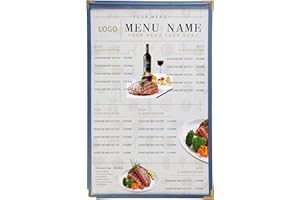 Ylittaa Menu Covers, Single Page, 1 Pocket, 2 View, for 8.5" x 14" Legal Size Paper, Pack of 6, Blue Edging + Gold Metal Corner, Made with Leatherette & Vinyl