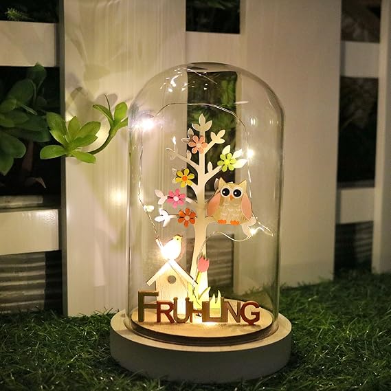 Valery Madelyn Frühlingsdeko 19cm beleuchtet Glaskuppel LED Glasglocke mit Lichterkette und Holzboden mit Frühling Schrift Ba