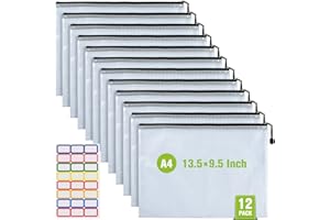 ASTEN 12 Pcs Plastic Mesh Zip File Bags, Waterproof Tear-Resistant Document File Folders, A4 Size Zipper Documents Pouch Document Organizer Bags for School Office Home Travel Storage(13.5×9.5Inch)