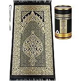 ihvan online Muslim Prayer Rug and Prayer Beads with Elegant Design Cylinder Gift Box, Janamaz, Soft Sajadah, Islamic Gifts Set, Portable Prayers Carpet Mat, Taffeta Fabric, Black