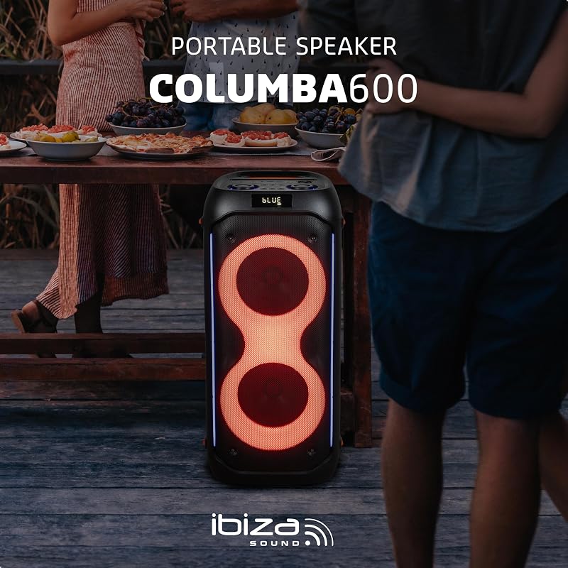 - COLUMBA600 - Enceinte, Baffle Puissant de 2x6,5”/16cm sur Batterie Rechargeable - Bluetooth, Micro-SD, USB, Aux, 2 MIC in - TWS - LED Infini Multicolore - Poignée