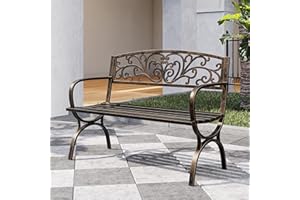 BELLEZE Patio Outdoor Garden Bench, 50 inch Cast Iron Metal Loveseat Chairs with Armrests for Park, Yard, Porch, Lawn, Balcony, Backyard, Antique Seat Furniture, Bronze