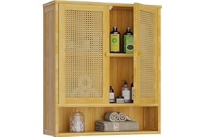 TRIFEBLE Bathroom Wall Cabinet, Bamboo Medicine Cabinet with 2 Rattan Doors and Adjustable Shelf, Over The Toilet Storage Organizer, Natural Cabinet Wall Mounted for Bathroom, Laundry Room, Hallway