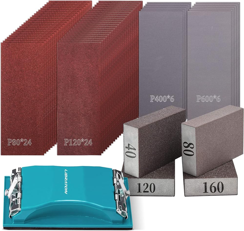 LIBRATON Sand Paper 65Pcs Kit 9x3.6 in 80-600 Grit Wet/Dry w/ Sponge & Block
