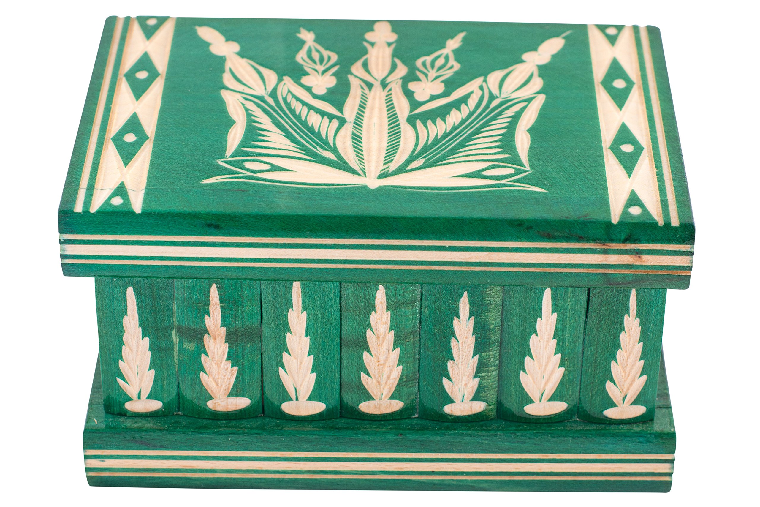 Kalotart Jewelry and Puzzle Box 2 in 1 - Handmade Wooden Case With Hidden Key and Removable Compartments Beautiful Classical Wooden Carved Box (Green) — image 1