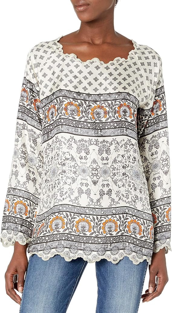 JOHNNY WAS Women's Silk Printed Blouse with 3/4 Sleeves, Multi, XSmall