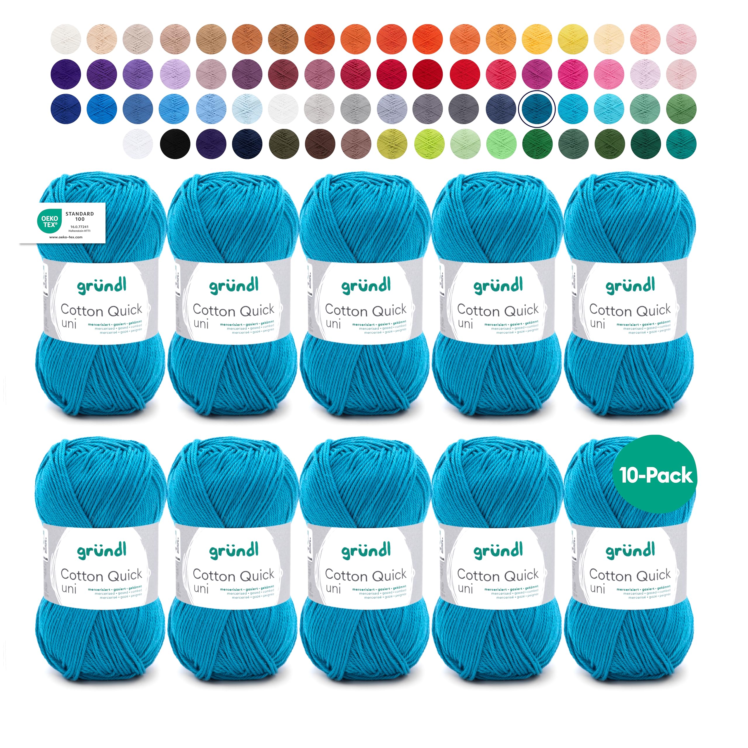 Gründl Cotton Quick Uni knitting/crochet yarn, 10 balls à 50 g (colourful yarn made of 100% cotton, OEKO-TEX certified, 50 g / 125 m, needle size: 3-4, 10 x 50 g), Petrol