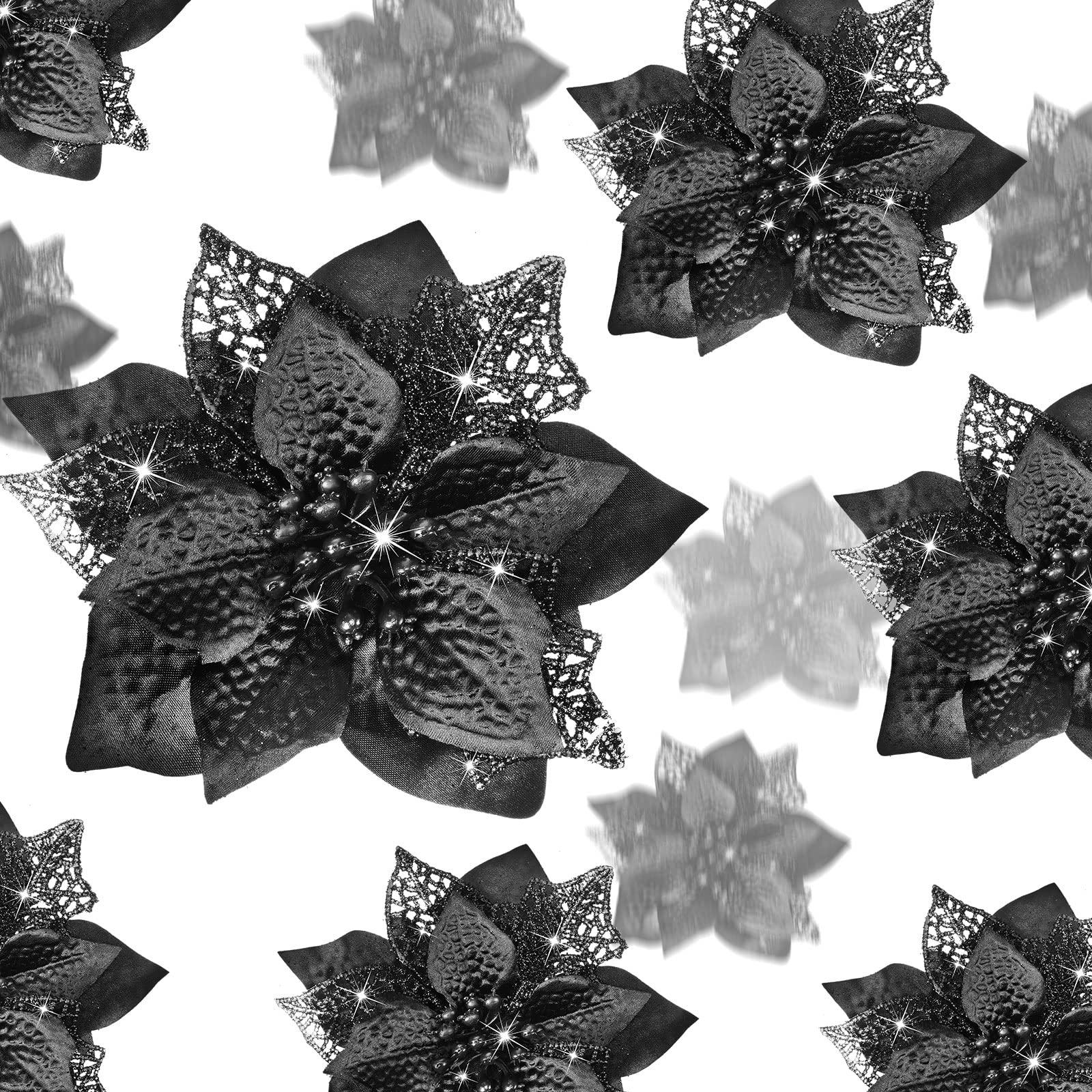 Boao 24 Pieces Christmas Glitter Poinsettia Flowers Artificial Xmas Flowers Wedding Christmas Tree New Year Ornaments (Black) — image 1
