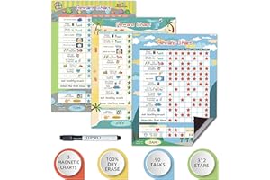 JJPRO Chore Chart and Behavior Chart for Kid,Magnetic Chore Chart for Kid,Reward Chart for Kids Behavior.Magnetic Dry Erase Chart-3 Pack Blue/Yellow/Green,Each Set Includes 30 Tasks,104 Stars
