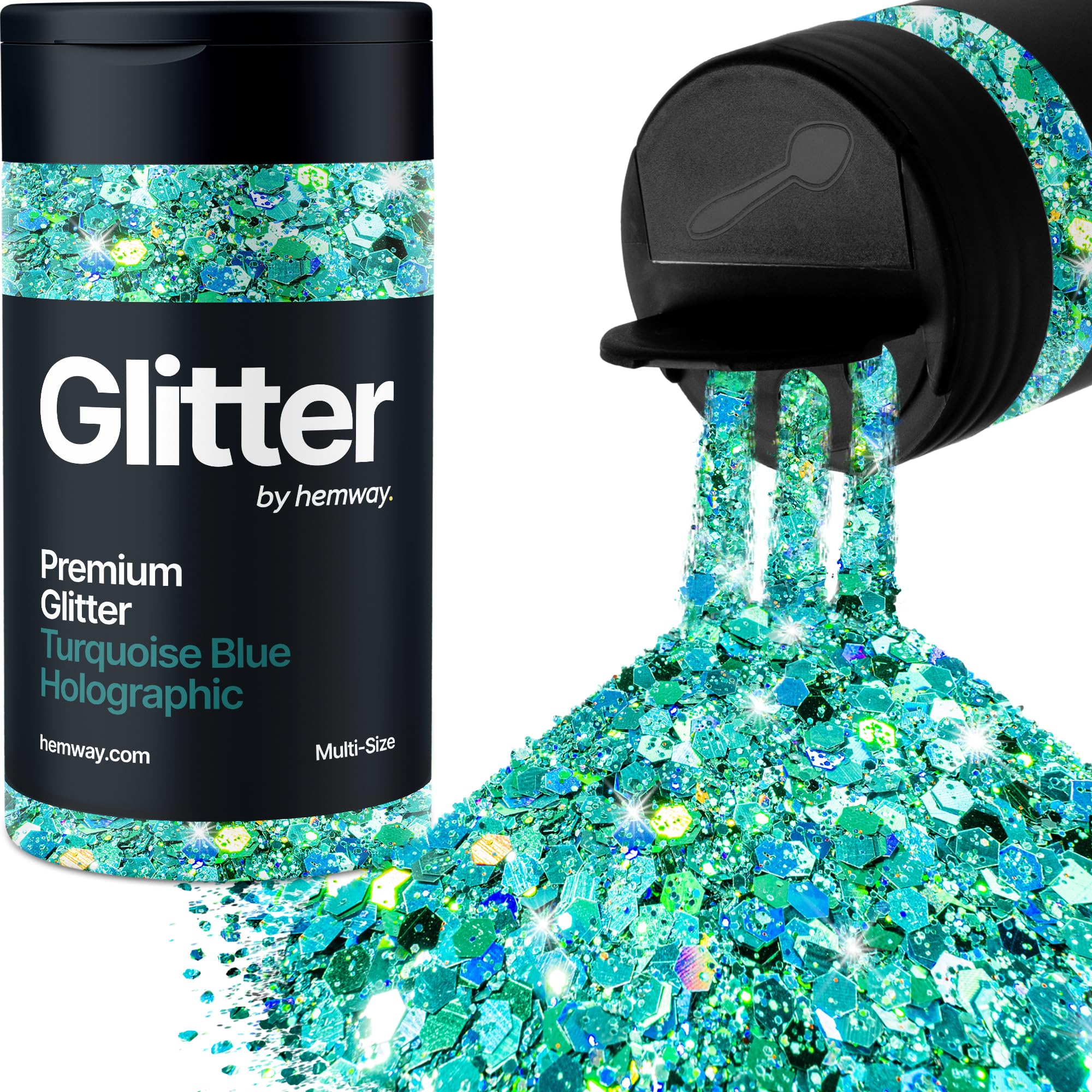 Hemway Turquoise Blue Holographic Glitter Shaker, 120g Multi Size Glitter for Crafts Metallic Flake Sequins for Resin & Epoxy Crafts for Decorating, Halloween, Christmas, Nail, Face, Art