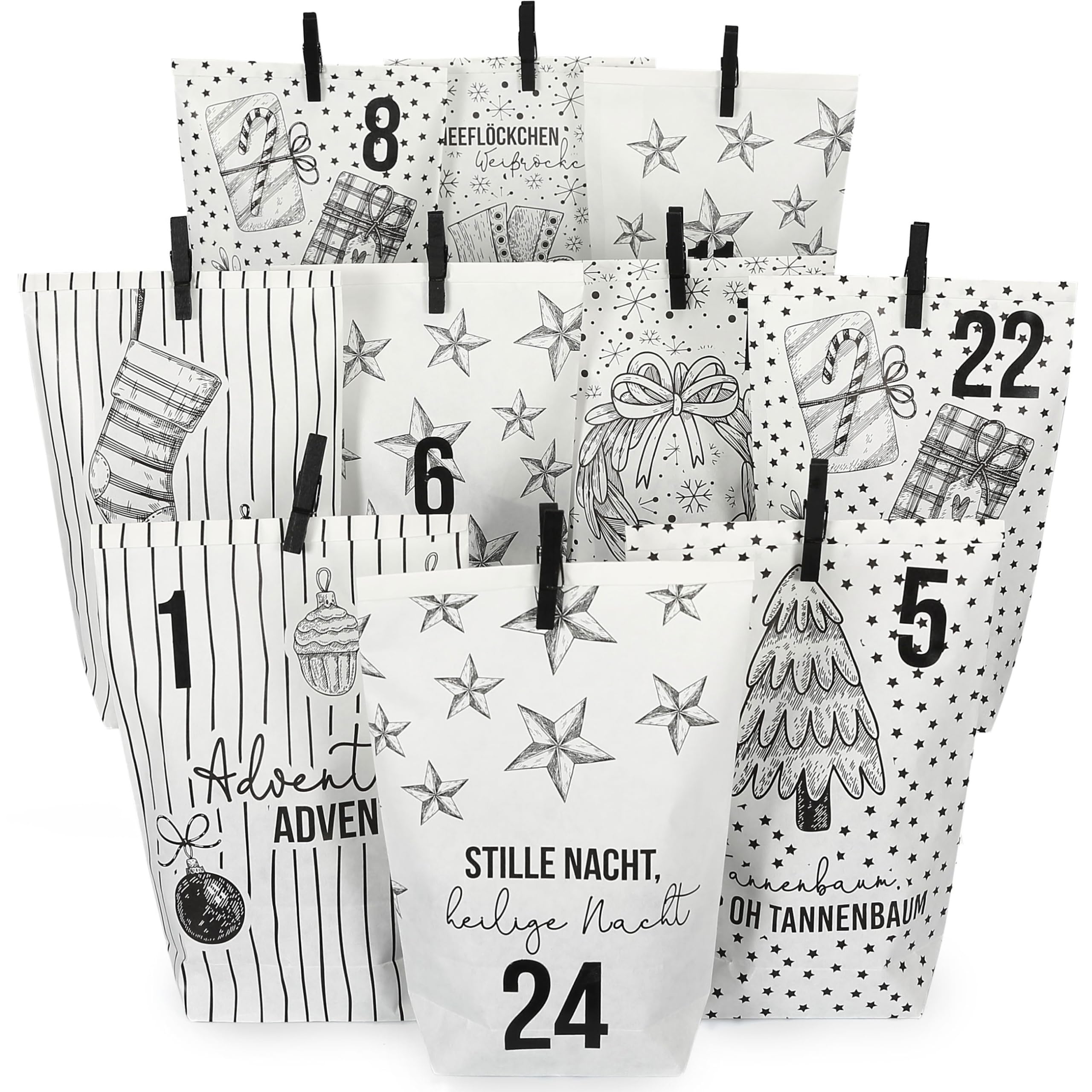 Extravagant Advent calendar to fill, with 24 white gift bags and 24 number stickers and clips, Christmas Set 15 motif - to craft and give away, Christmas & Advent