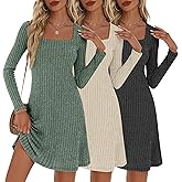 Velvelhall 3 Pack Women's Sweater Dresses Square Neck Long Sleeve Ribbed Knit Casual Tunic Dress Fall Winter Trendy Outfits