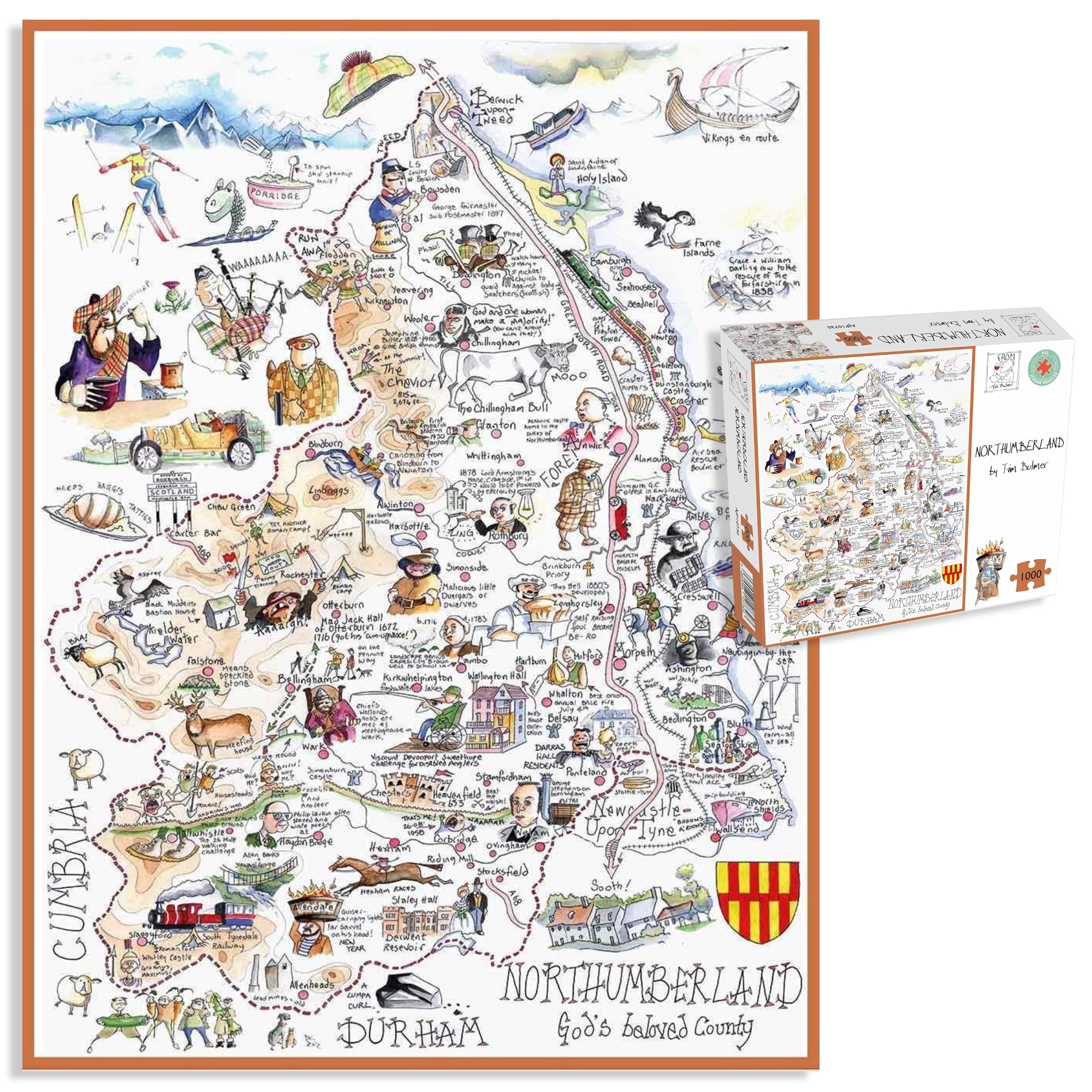 Comical Map Of Northumberland, Artwork By Tim Bulmer - 1000 Piece Puzzle For Adults, Large Puzzle 66cm X 50cm In Size. Challenging To Complete But Fun And Humorous. Makes A Great Gift For Birthdays