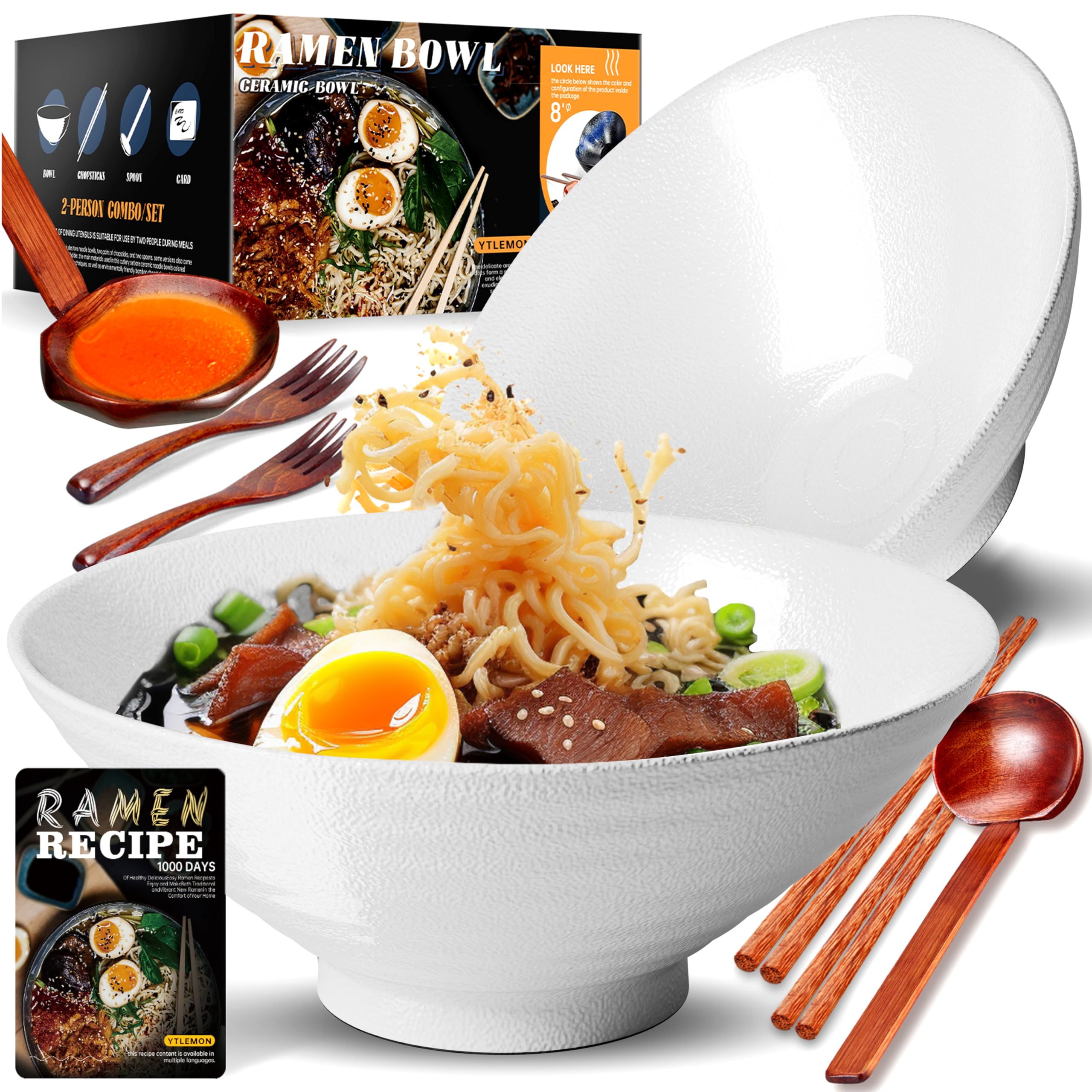 YTLEMON Ceramic Ramen Bowl Set of 2 - Porcelain Japanese Salad Noodles Cereal Fruit Pasta Soup Large Bowls 2×1000 ml 34 Ounces with Recipes Chopsticks Forks and Spoons for Party Camping（Pure White）