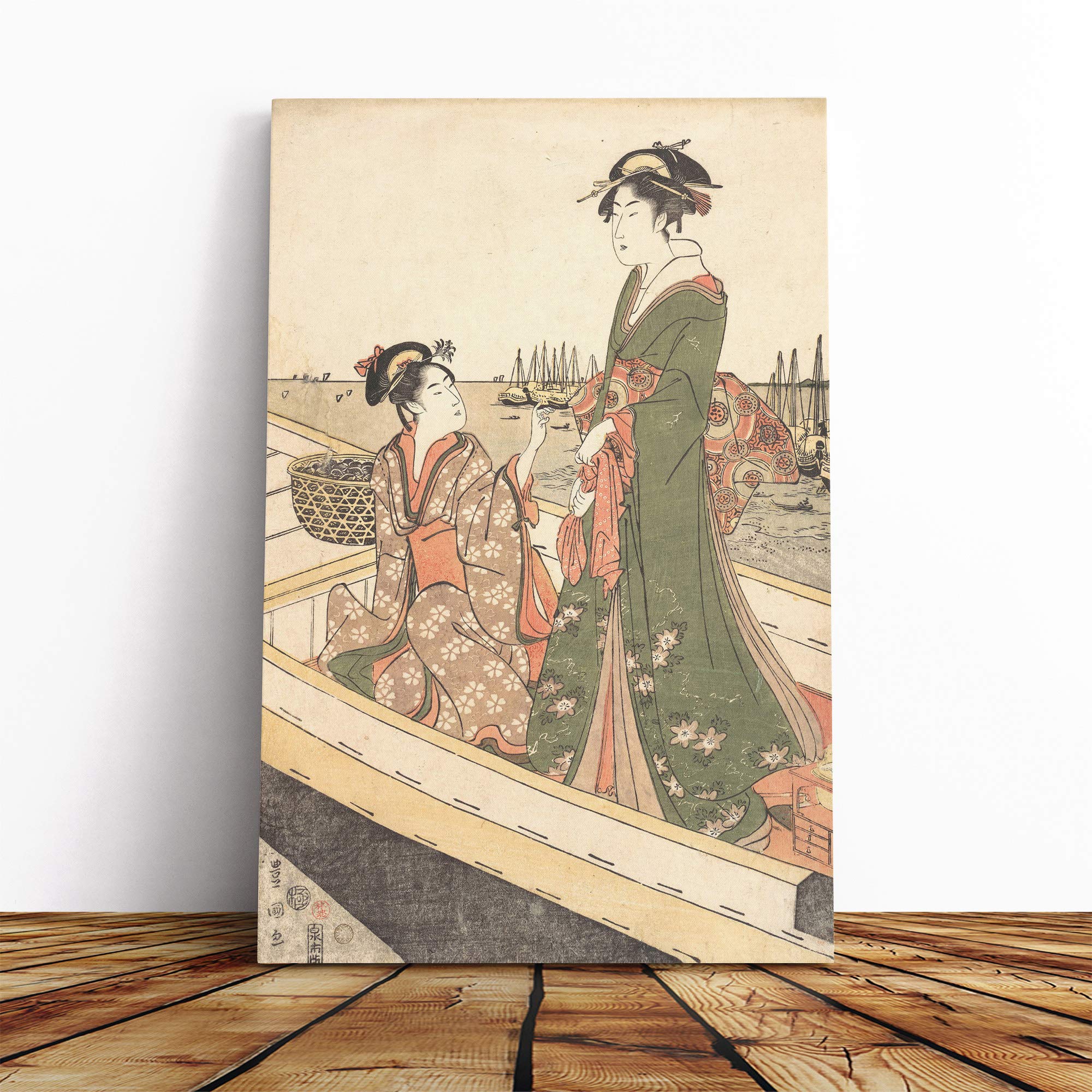 Utagawa Japanese Oriental Two Women in a Boat Canvas Print | Gallery Wrapped 30mm Frame Wall Art | 20x14 inches | Ready to Hang | Asian Seascape Picture | Living Room Bedroom Lounge Office